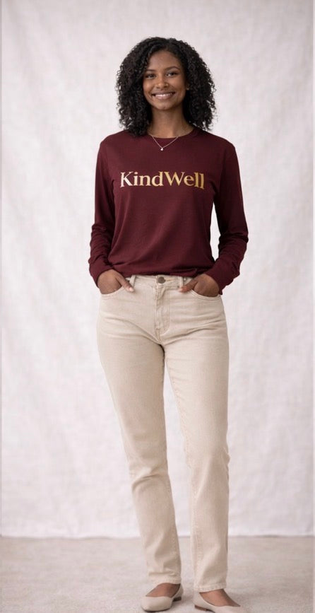 KindWell Long Sleeve Tee · Burgundy with Gold Vinyl